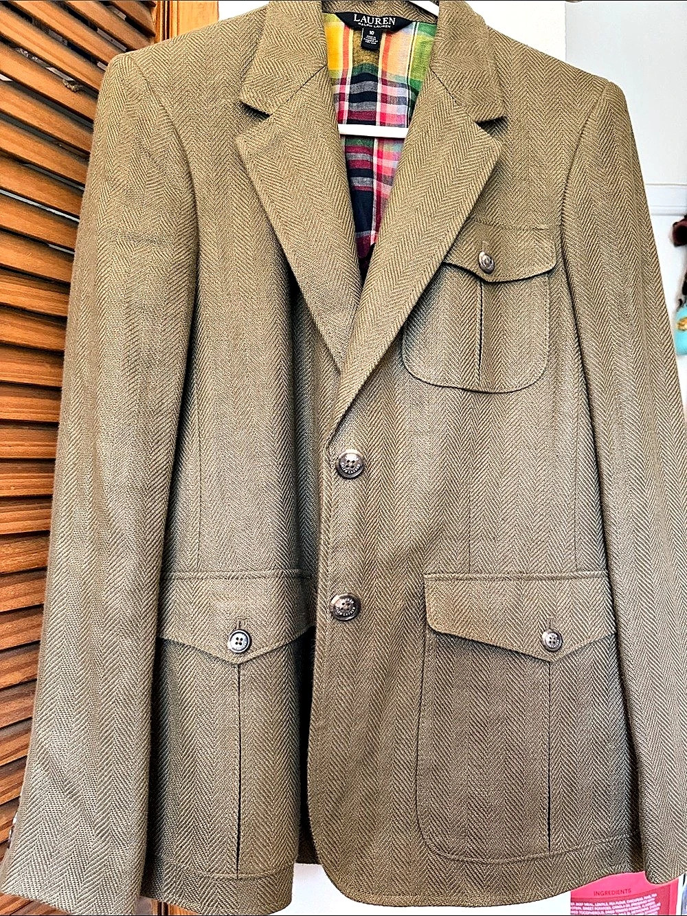 Lauren Ralph Lauren Plaid Lined Wool Blazer in tan/olive Size 10 Like New